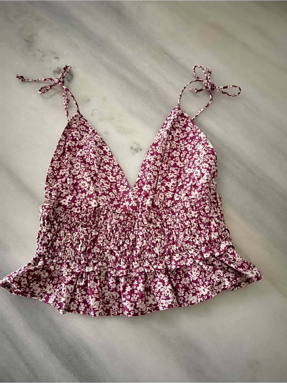 Floral Smocked Tie-Shoulder Crop Top - Raspberry Floral